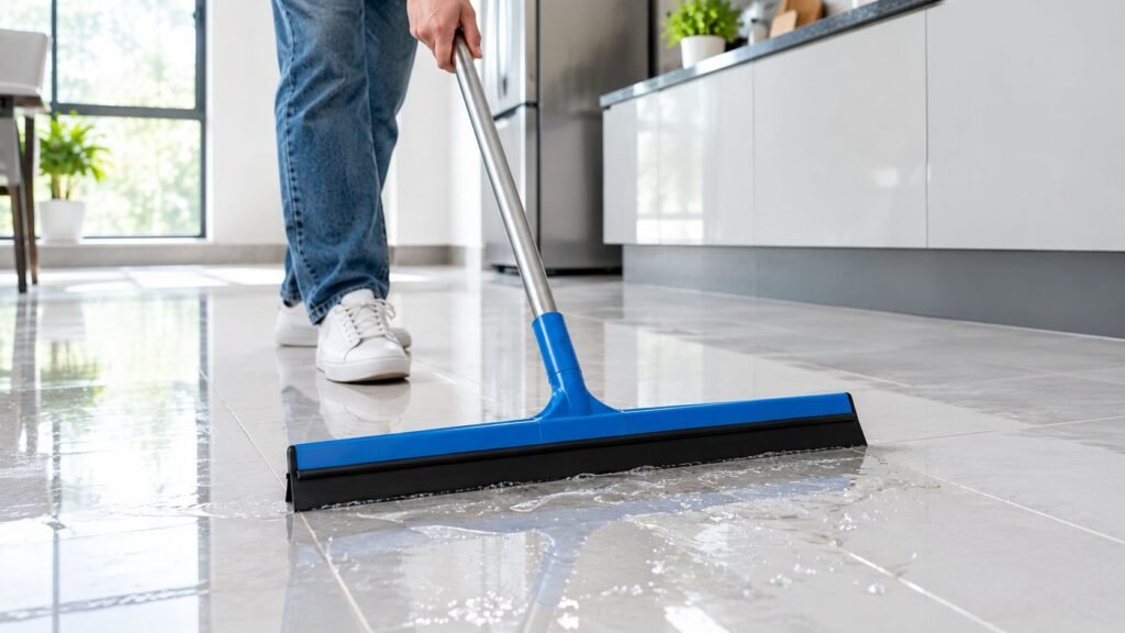 Floor wiper pushing water across wet kitchen tiles